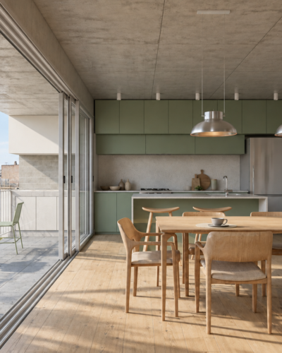 Render del comedor con cocina integrada y balcón de una unidad de Montevideo 554