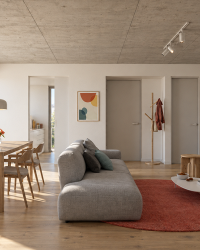 Render del living comedor de una unidad de dos dormitorios en Montevideo 554