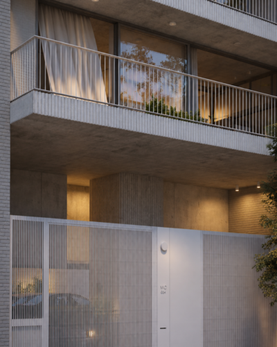 Render del ingreso y las cocheras de Montevideo 554 al atardecer